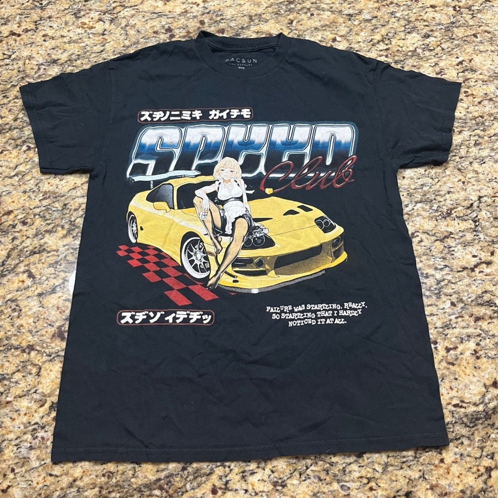 PacSun Mens Speed Club Anime JDM Car Graphic T-Shirt Black Medium